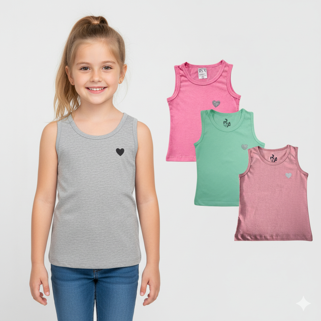 Kit 3 e 6Regatas Infantis Femininas Algodão Conforto para Meninas Ativas Blusas Sem Mangas