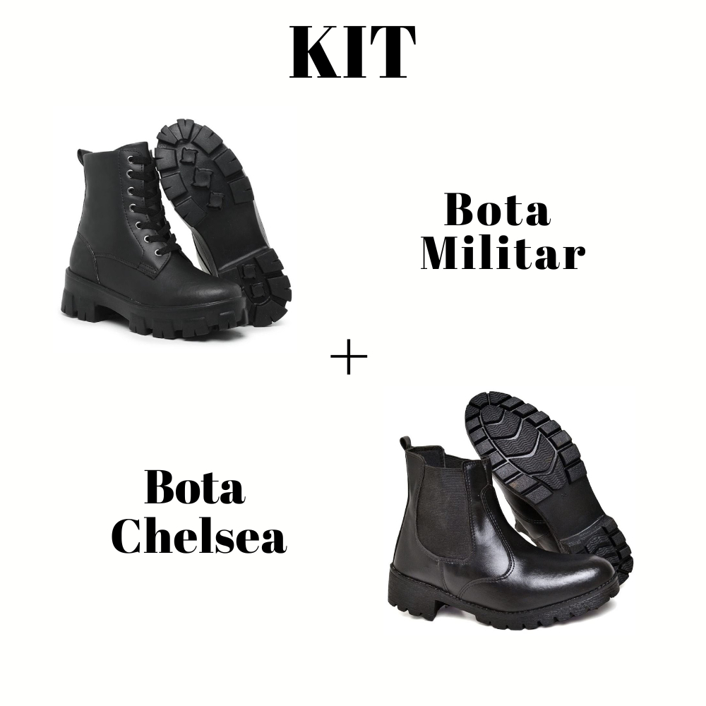 Kit Bota Coturno Feminino Chelsea + Militar Blogueira Moderna Lançamento Sintético Solado Tratorado Cano Médio