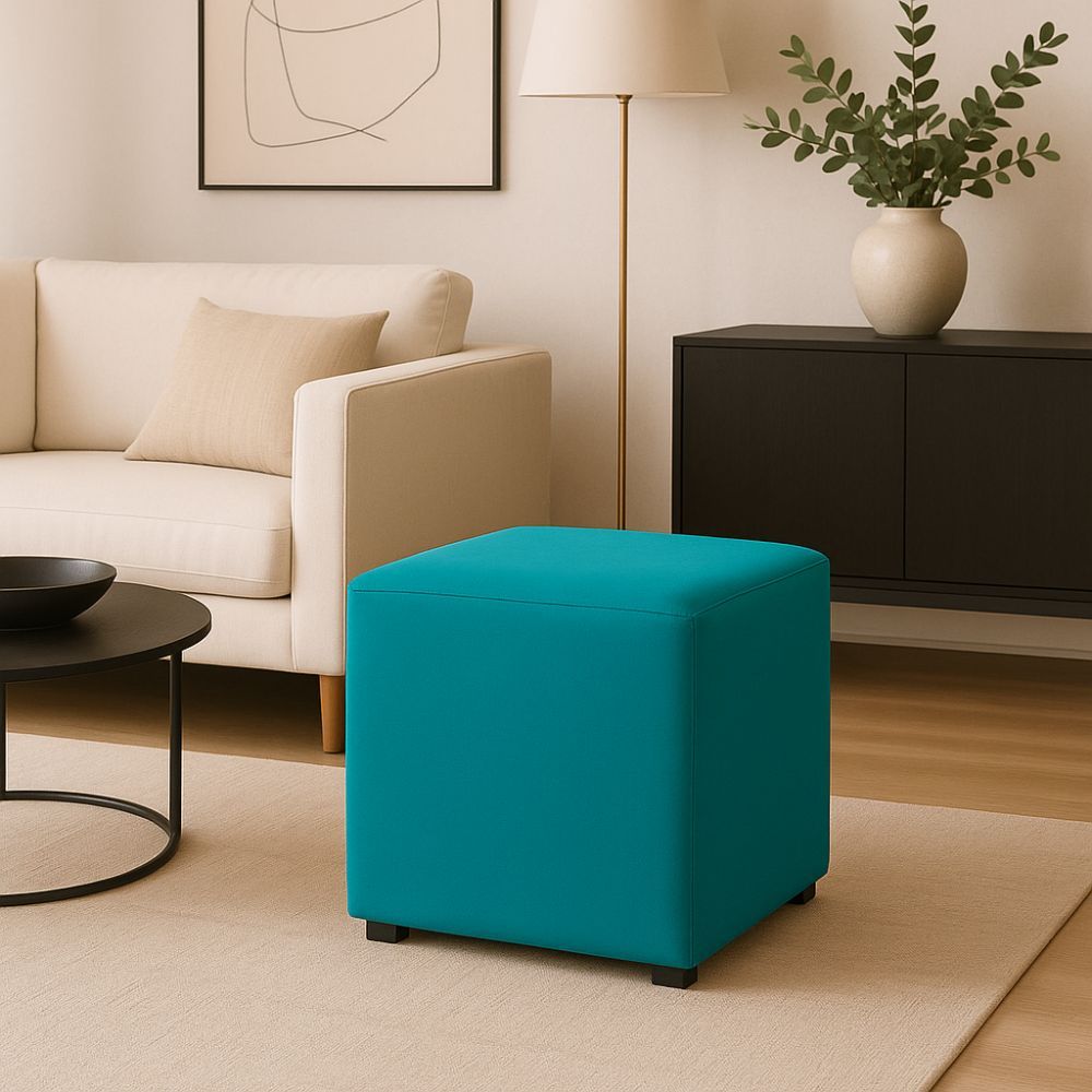 Puff Banco Banqueta Quadrado Kim 40cm P/ Provador Sala Closet Penteadeira Tecido Suede Azul Turquesa