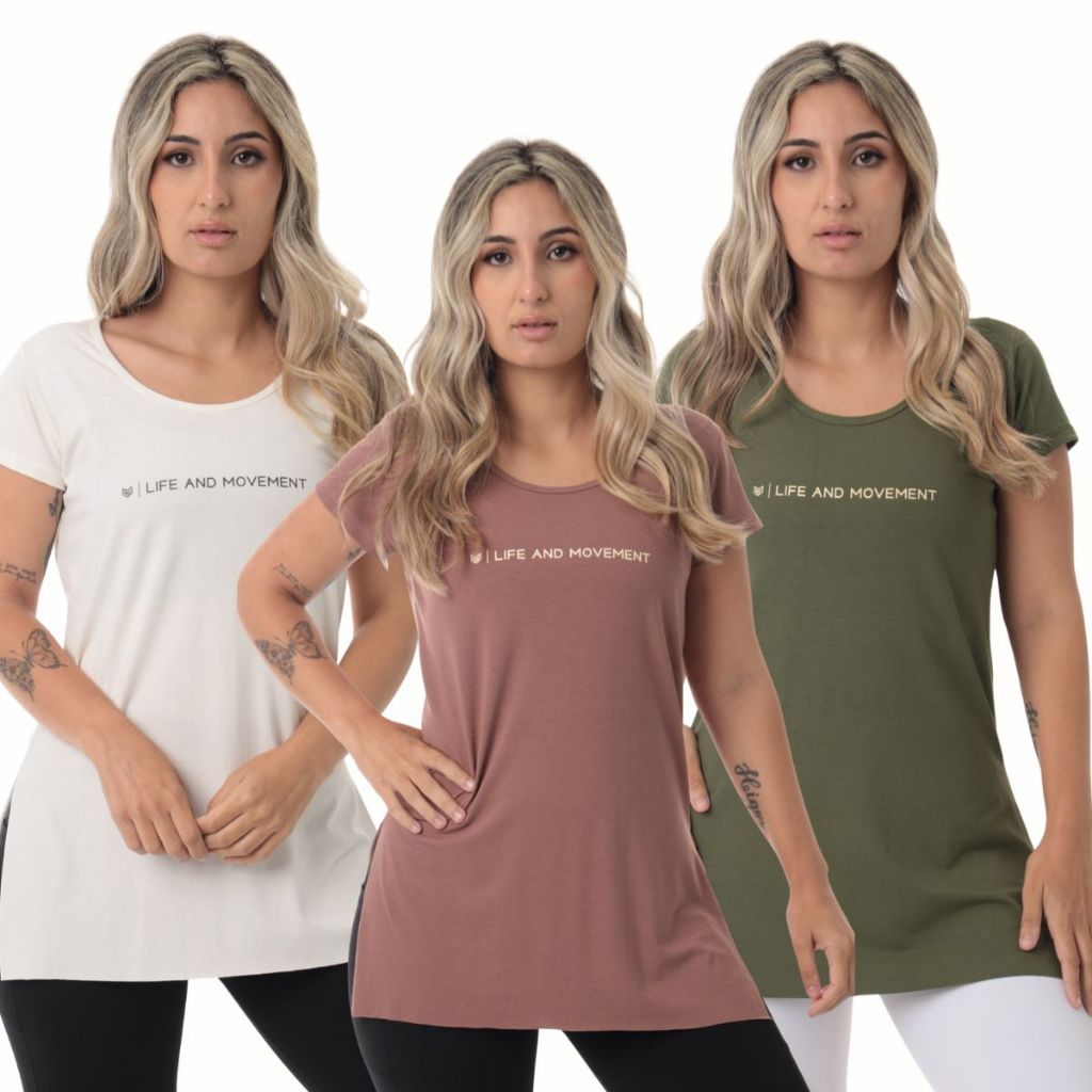 kit 3 Blusa Feminina Academia Fitness  Moviment Marfim/Verde/Marrom