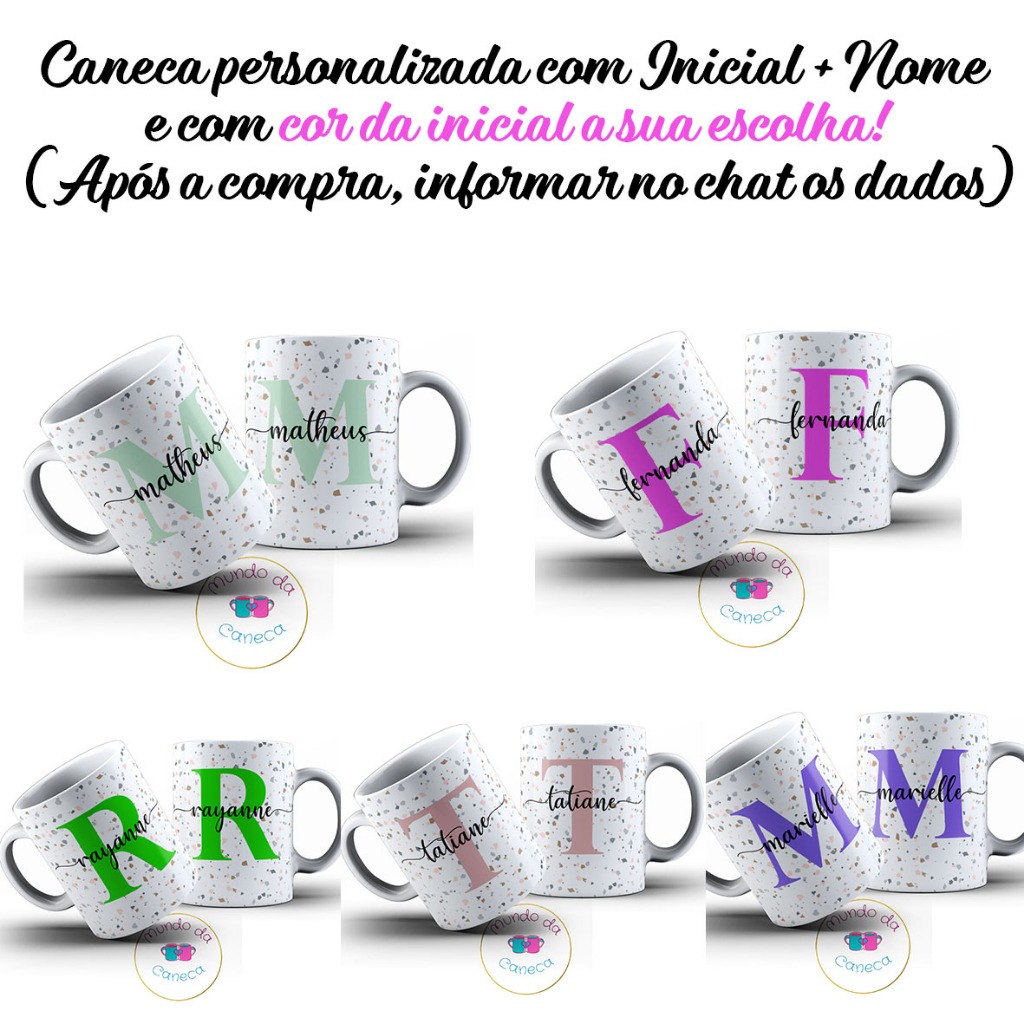 Caneca Personalizada com Nome e Inicial da sua Cor fundo Granilite de Porcelana