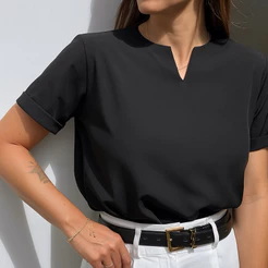 Blusa Feminina Moda Evangelica Moderna Manga Dobrada Detalhe em V Promoção