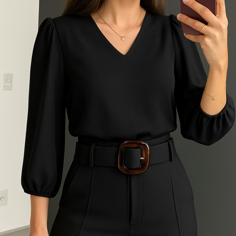 Blusa Feminina Manga 3/4 Novas Cores Tecido Crepe Dunas Moda Evangelica Detalhe Social Elagante