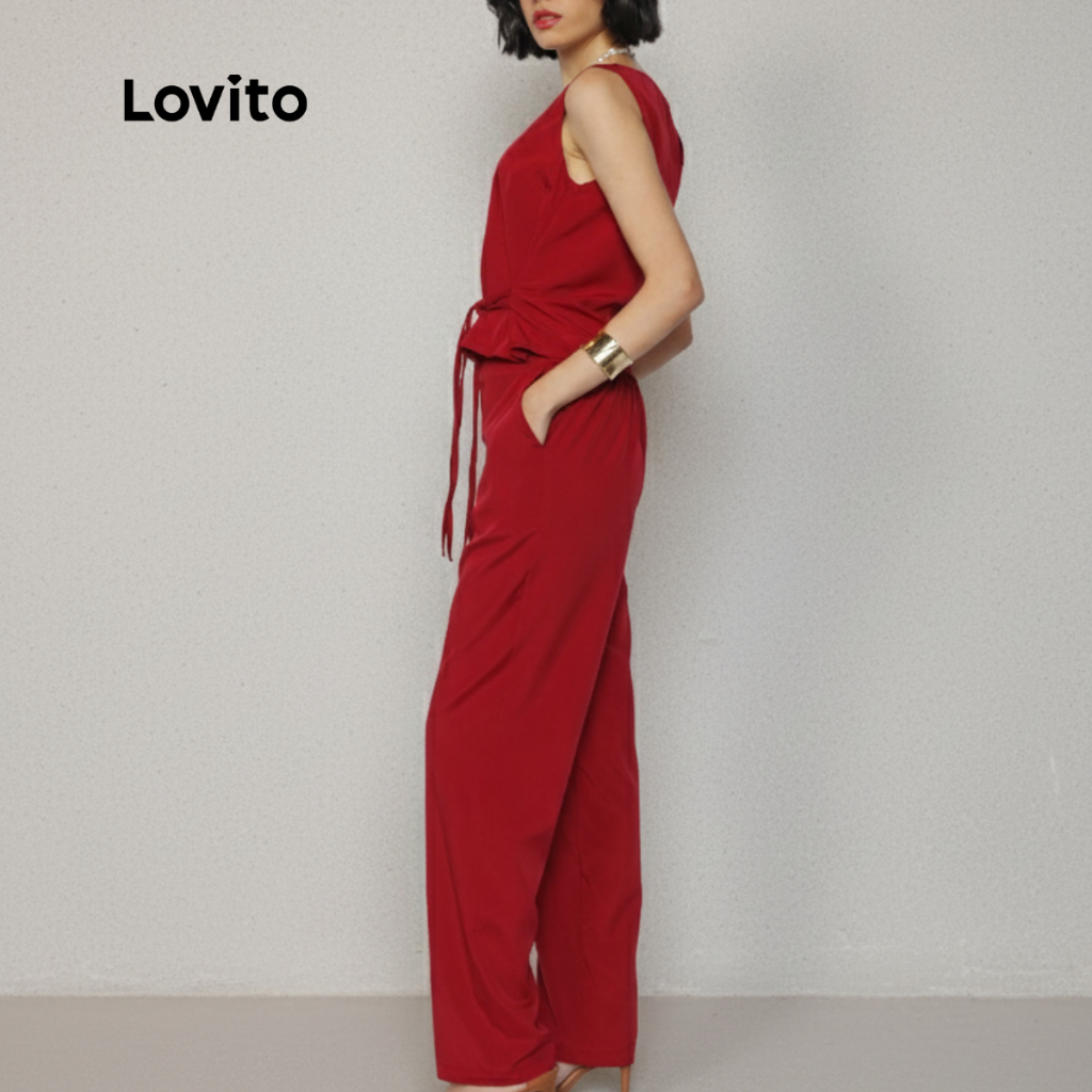 Detalhes do Lovito Conjunto Feminino Top Sem Mangas e Calça Longa Alfaiataria com Amarração Elegante de Calça e Blusa LB644BRL674
