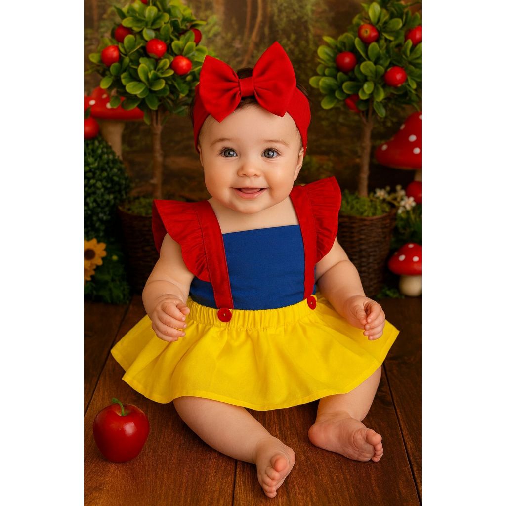 Jardineira Saia Body Romper Menina Bebê Branca De Neve Mesversario Amarelo Smash The Cake Ensaio em Oferta na Shopee