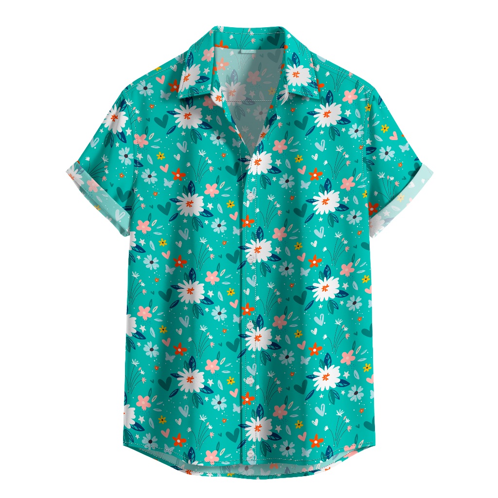 Camisa De Botão Floral Turquesa Estilo Primavera Moda Tropical Casual Estampa Floral Suave [Ref-543]