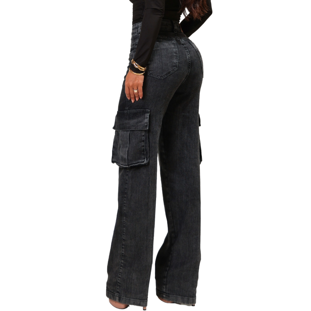 Calça Jeans Feminina Wide Leg Premium | Efeito Marmorizado Cintura Alta e Modelagem Pantalona Boca Larga Levanta Bumbum