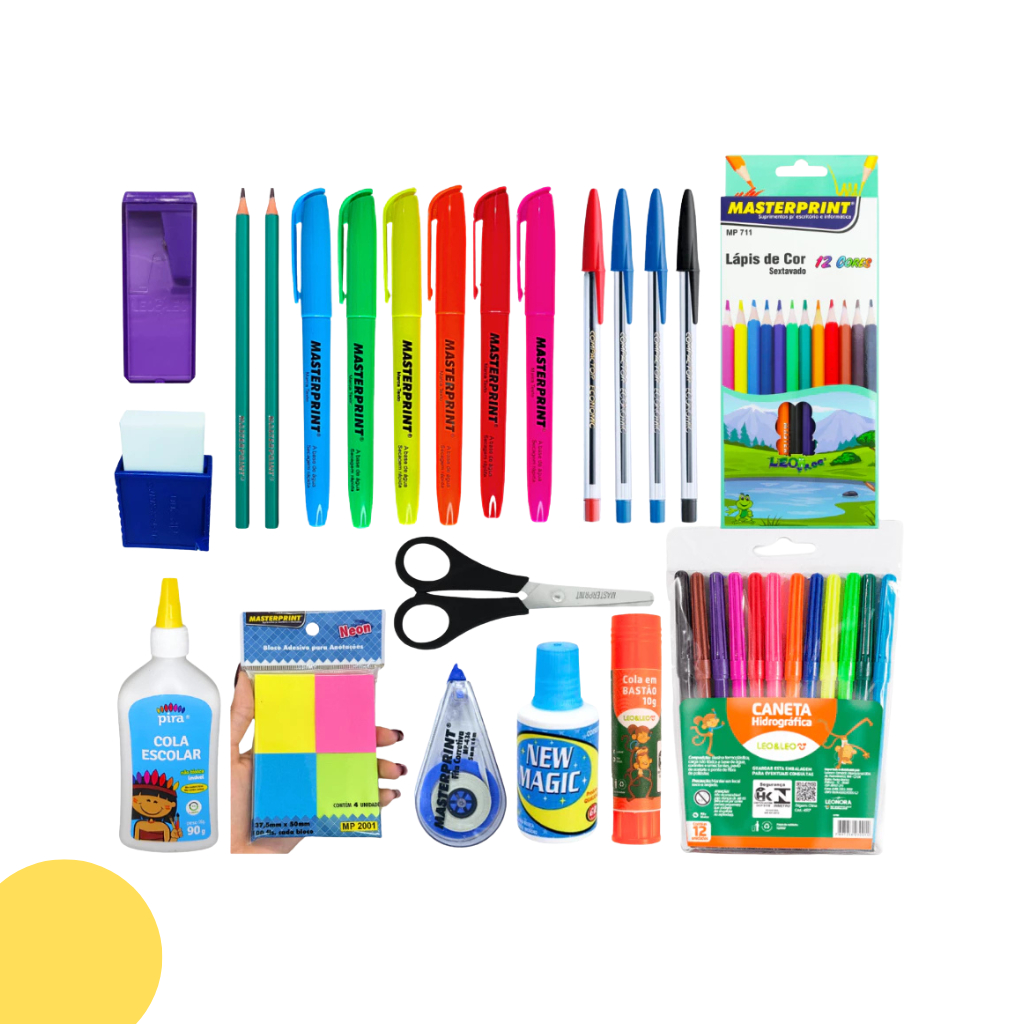 kit 47 Itens Material Escolar Volta as aulas ensino fundamental médio Básico caneta lápis marca texto borracha corretivo em Oferta na Shopee