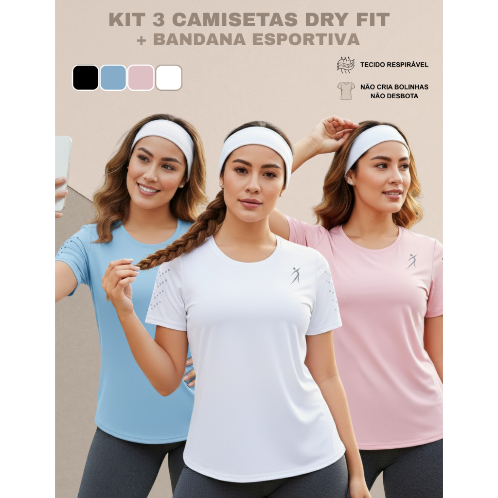 Kit 3 Camisetas Femininas Dry Fit Academia Fitness Corrida Treino Esportivo Confortável Fresquinha