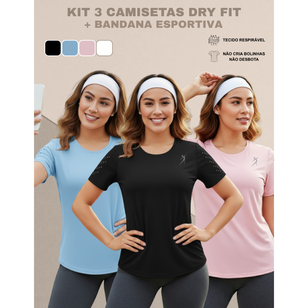 Kit 3 Camiseta Dry Fit Feminina Academia Fitness Treino Corrida Caminhada Esportiva Envio Rápido
