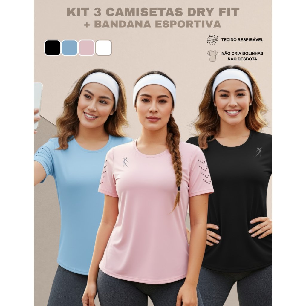 Kit 3 Camisetas Femininas Dry Fit Academia Fitness Corrida Treino Esportivo Confortável Ptoteção Uv+