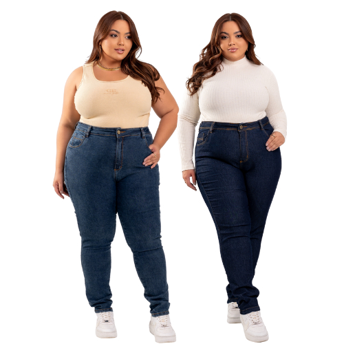 Kit 2 Calças Femininas Jeans Plus Size com Lycra Cintura Alta skinny em Oferta na Shopee