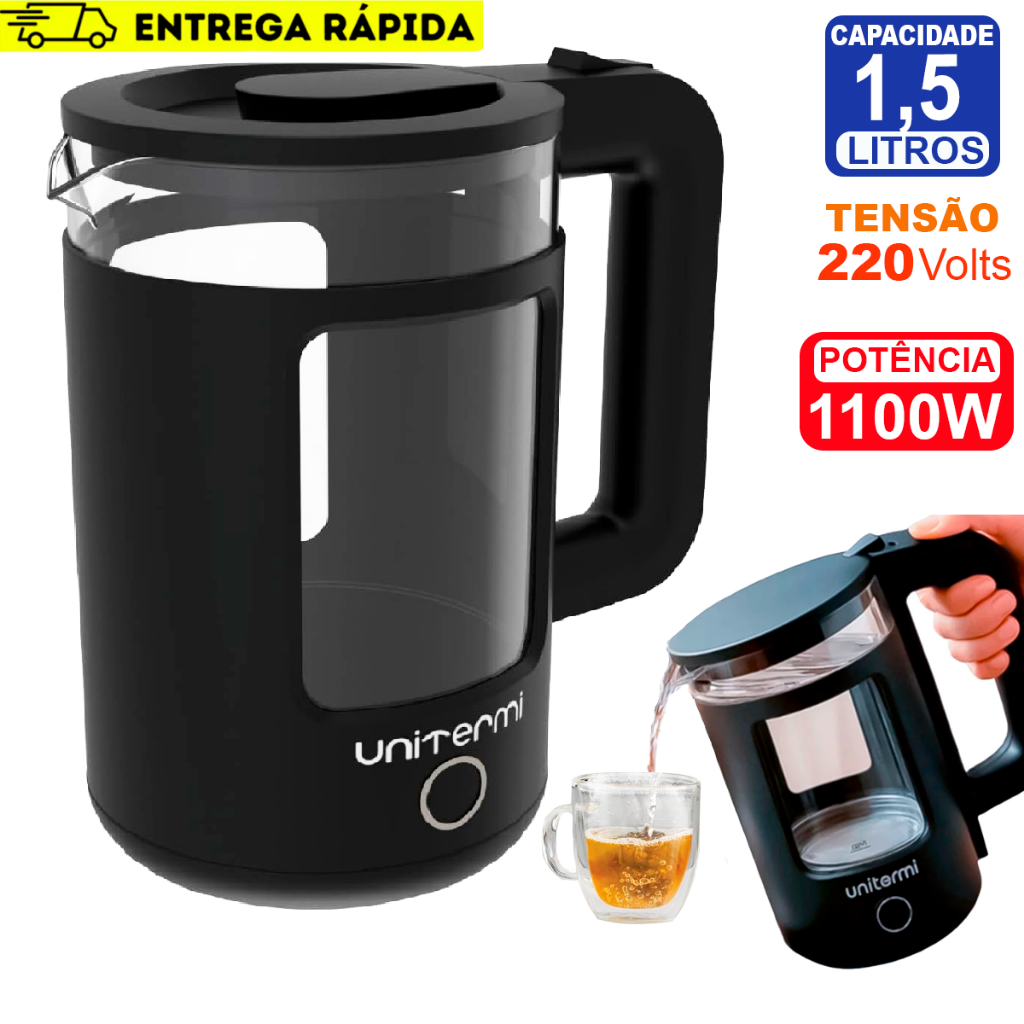 Chaleira Térmica 1,5L Elétrica de Vidro Com Desligamento Automático 1100W 220V Unitermi Mali Preta em Oferta na Shopee