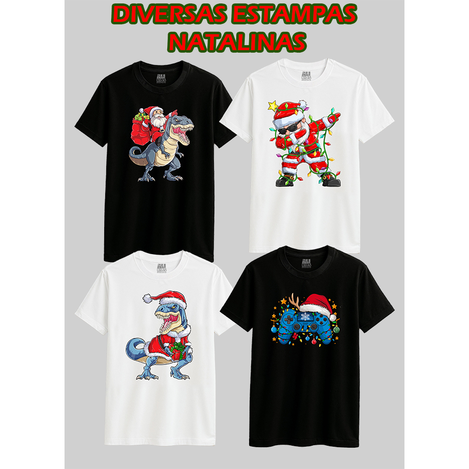 Camiseta 100% Algodão Manga Curta Juvenil Infantil Estampada Natal Ano Novo Menino Menina 2 ao 16 anos