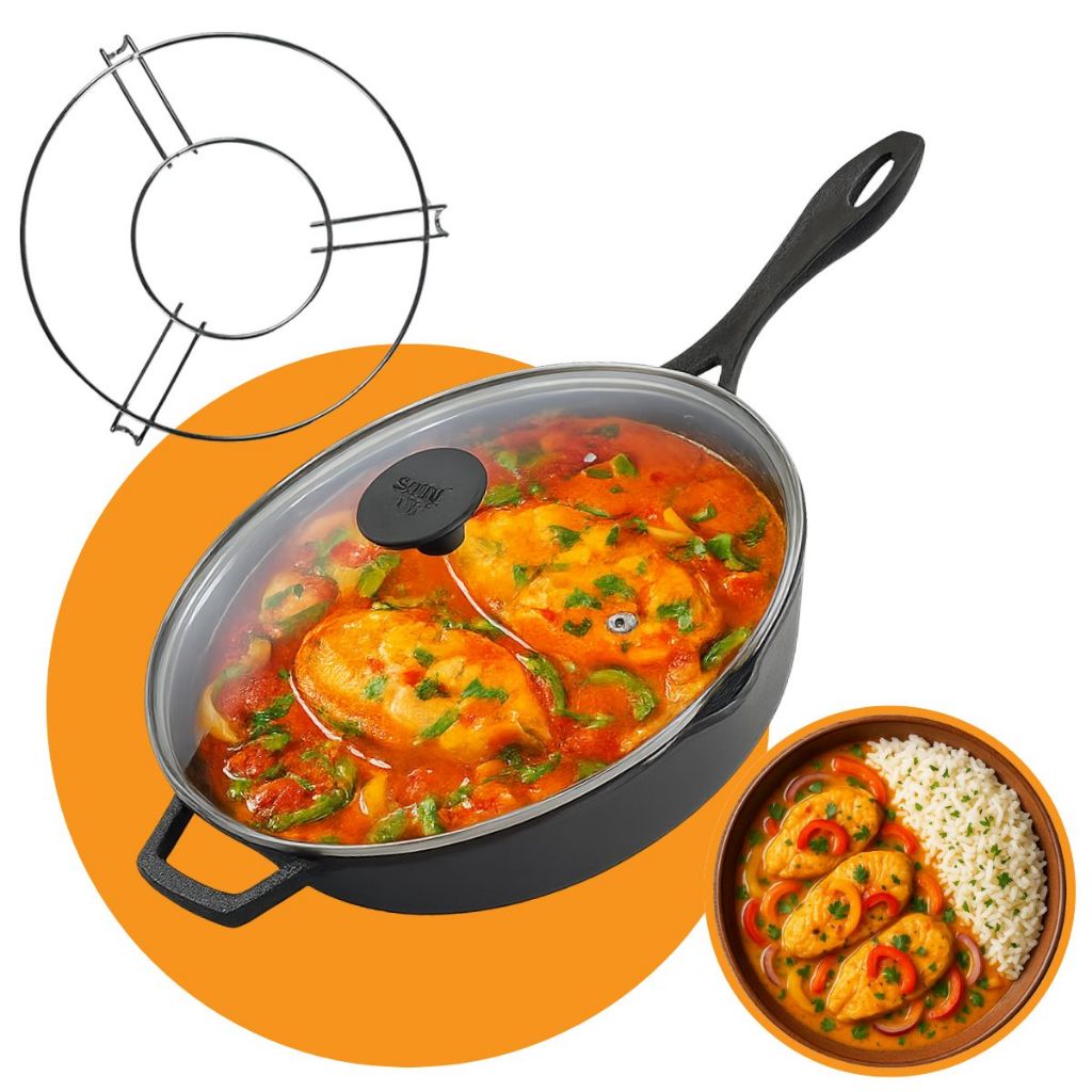 Kit Frigideira Grande Ferro Fundido Fogão Indução Tampa Vidro 26cm + Descanso Protetor de Alumínio