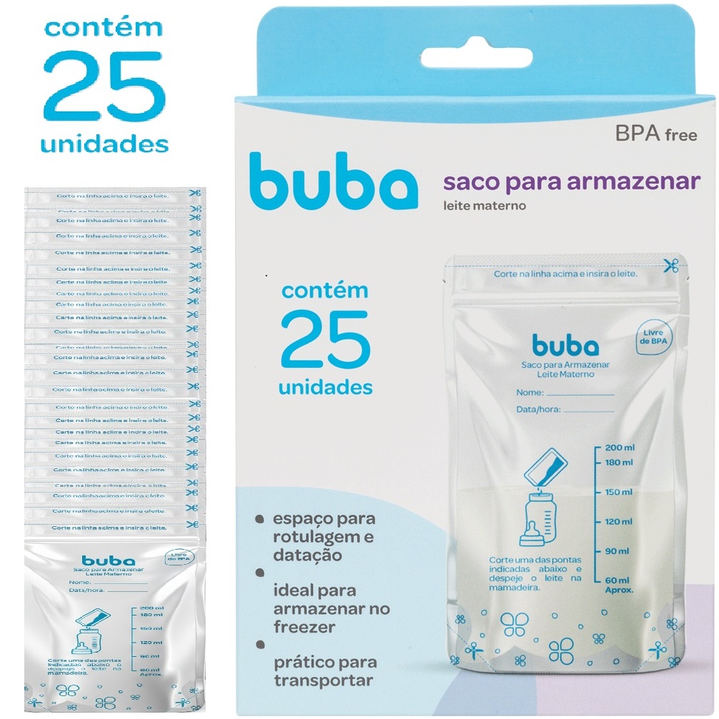 Saco Para Armazenar Kit Com 25 Sacos Leite Materno 200ml Com Ziper Duplo Anti Vazamento Buba