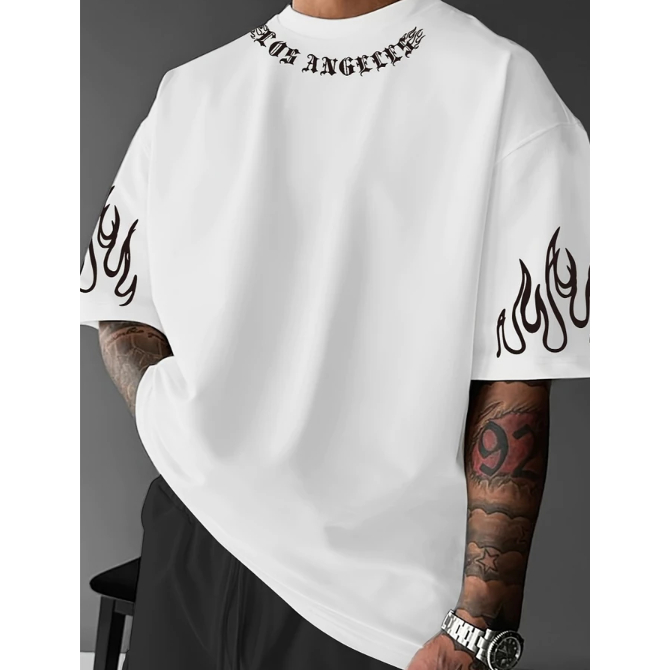 Camiseta Oversized Unissex Estilo Rap Chamas nas  Mangas  Los Angeles  Street dia a dia 100% Algodão em Oferta na Shopee