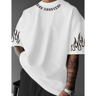 Camiseta Oversized Unissex Estilo Rap Chamas nas  Mangas  Los Angeles  Street dia a dia 100% Algodão em Oferta na Shopee