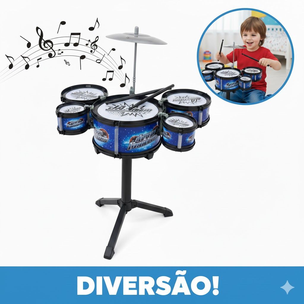 Bateria Musical Infantil 5 Tambores Com Baqueta Brinquedo Menino Menina Instrumento
