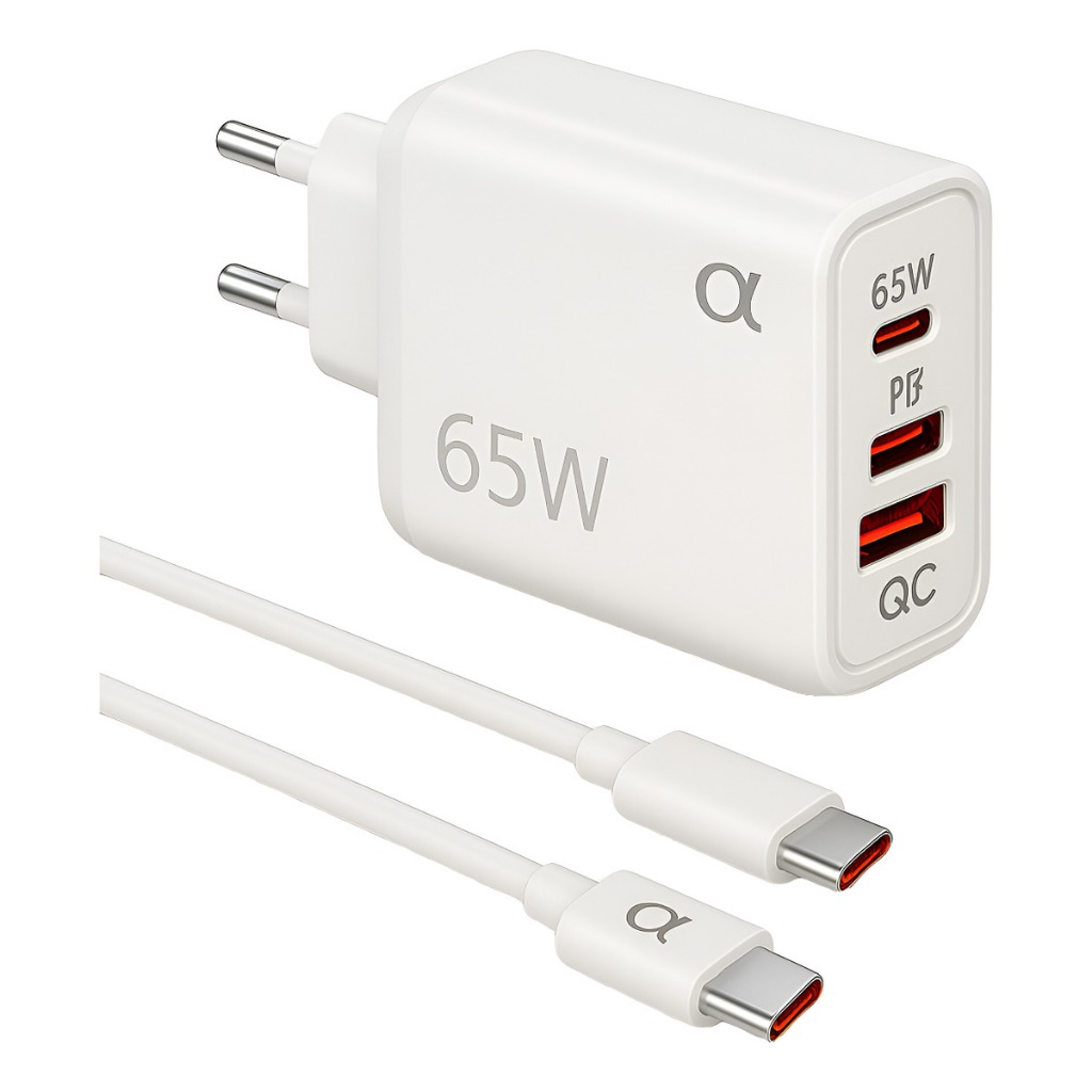 Carregador Turbo GaN 65W – 2 USB-C PD + 1 USB-A QC, Bivolt, Alta Potência  Cabo Tipo-C Incluso Proteção Contra Superaque