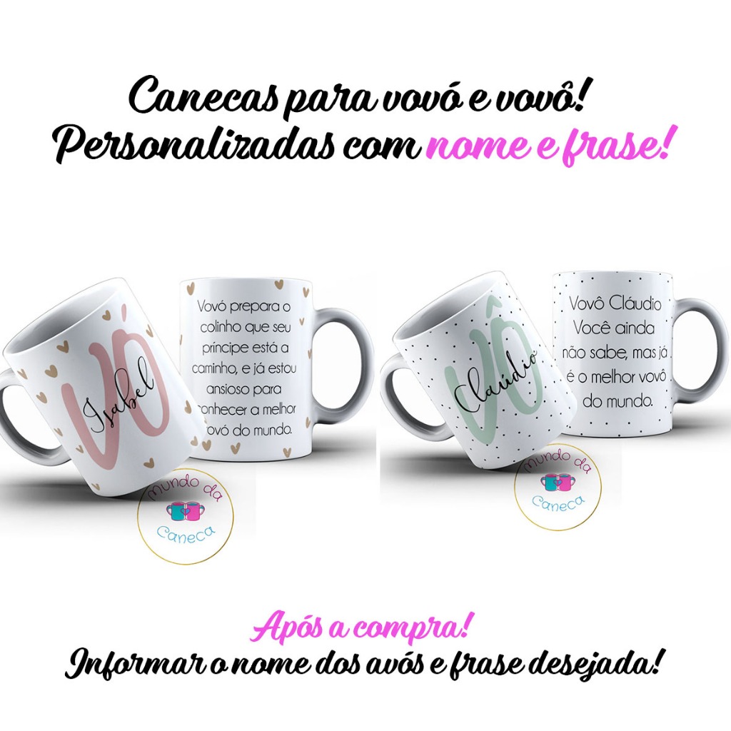 Caneca Personalizada Vovô e Vovó com Nome e Frase a sua escolha de Porcelana