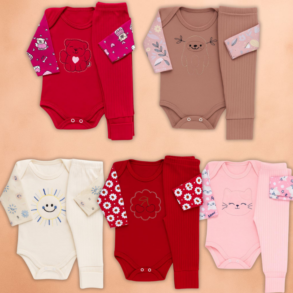 Kit 8 Peças Body Bebe Bordado Mijão Canelado Vira Pé Menina 100% ALG em Oferta na Shopee