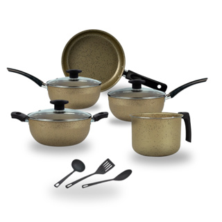 Jogo de Panelas Cor Cerâmica 8 Peças Antiaderente Bege Poá. em Oferta na Shopee