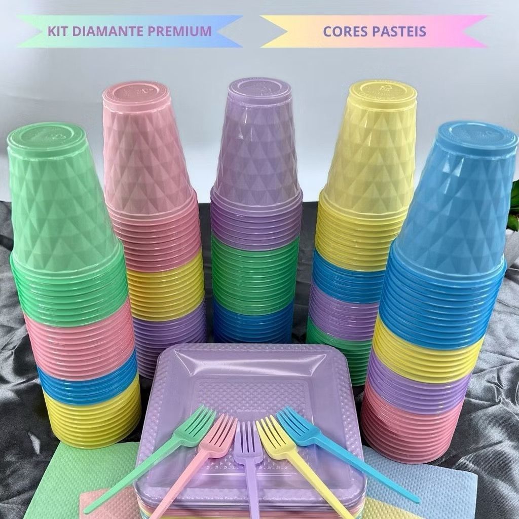 Kit 230 Itens Festa Aniversário Completo Premium Candy Descartável Prato Copo Garfo Guardanapo Cor Pastel em Oferta na Shopee