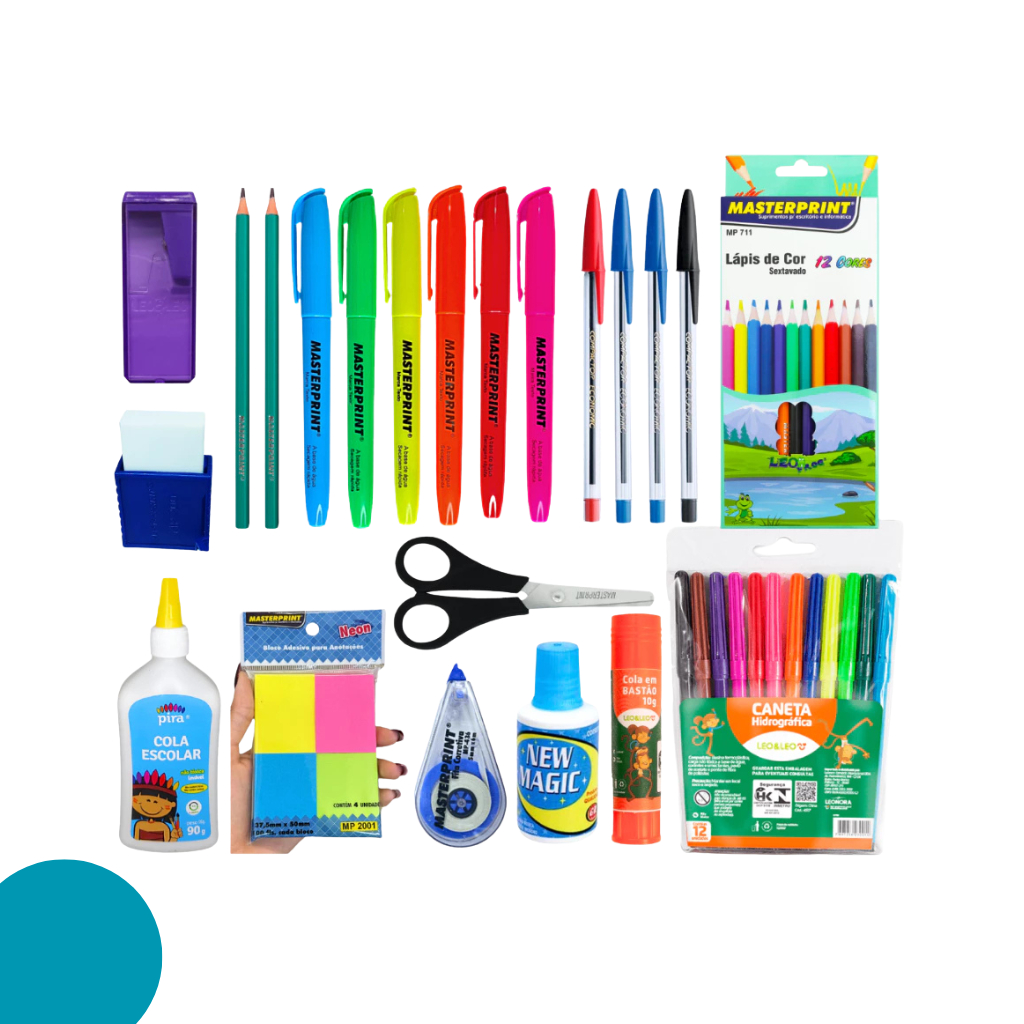 kit 47 Itens Material Escolar Volta as aulas ensino fundamental médio Básico caneta lápis ...