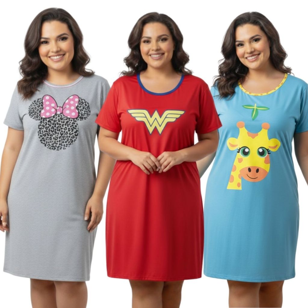 Camisola Plus Size Feminina Personagem Manga Curta / Camisola de Dormir / Roupa de Dormir