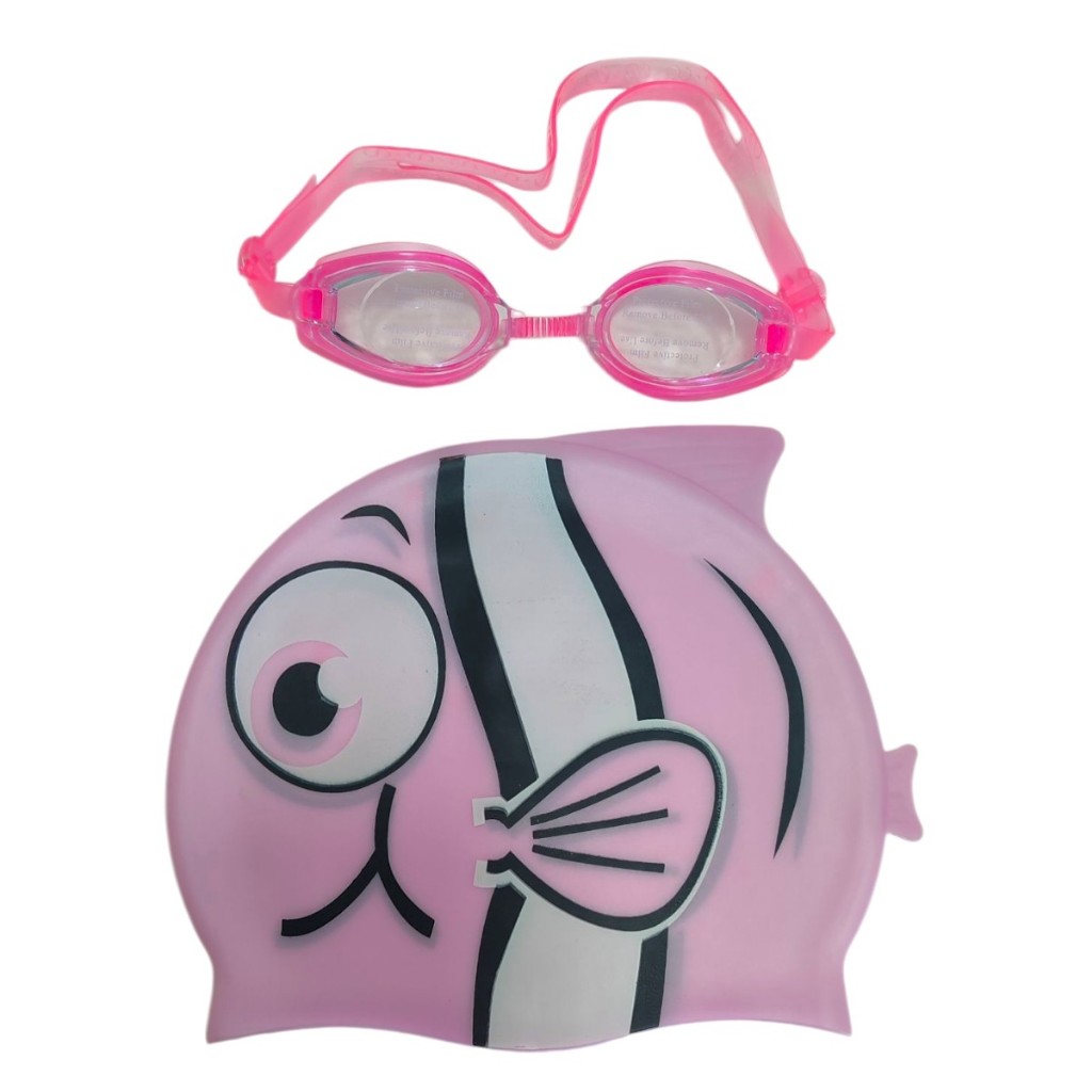 Kit Natação Infantil Peixinho Óculos Touca Silicone Piscina Praia Menino Menina Unissex Proteção UV