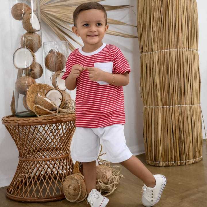 Conjunto masculino infantil  camisa listrada com bolso e bermuda lisa de moletinho
