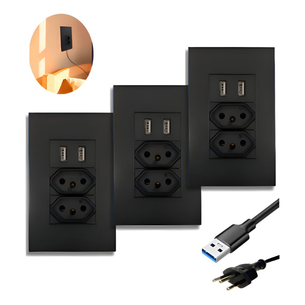 Kit 3 Tomada Dupla De Parede 4x2 Com 2 Entradas Usb Bivolt Com Espelho Na Cor Preto 5v em Oferta na Shopee