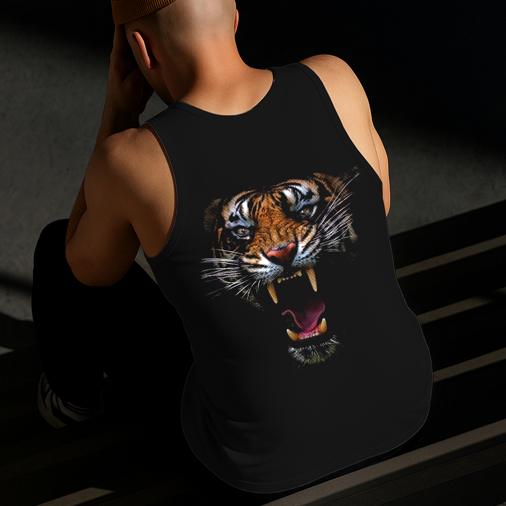 Camiseta Regata Masculina Estampada Tigre no Escuro Algodão Estilo Conforto Diário Do Tamanho P GG