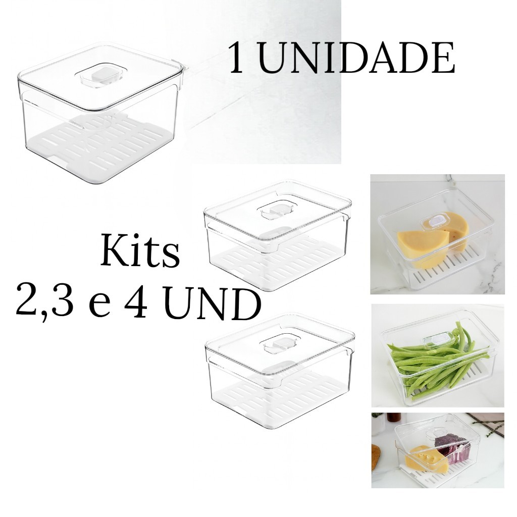 Kit 3 Organizador Multiuso de Geladeira 2,2L Com Tampa e Bandeja Drenagem Alimentos Verduras Vegetais - OU
