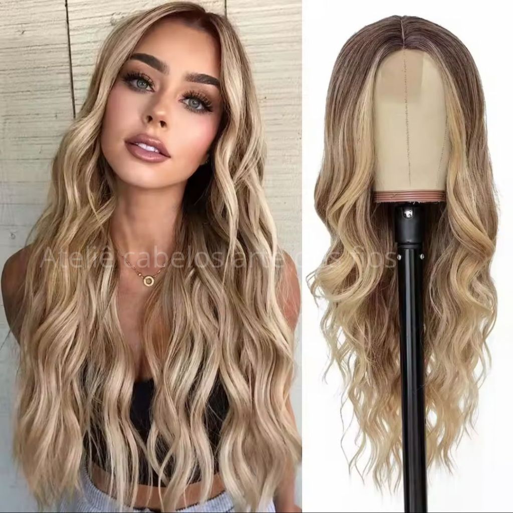 Peruca Wig Bio Orgânica Ombre Loiro Ondulada Idêntico ao Cabelo Humano Fibra Premium em Oferta na Shopee
