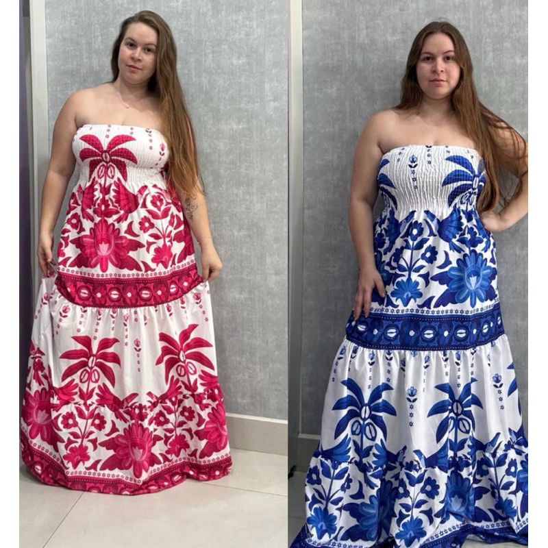 vestido longo plus size tomara que caia elastex estampado moda