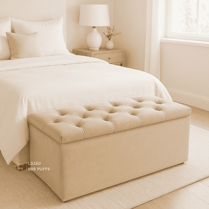 PUFF BAU CAPITONE SUEDE BEGE PÉ DE CAMA 90cm PORTA OBJETOS BRINQUEDOS ROUPAS DECORAÇÃO PROMOÇÃO -PUF