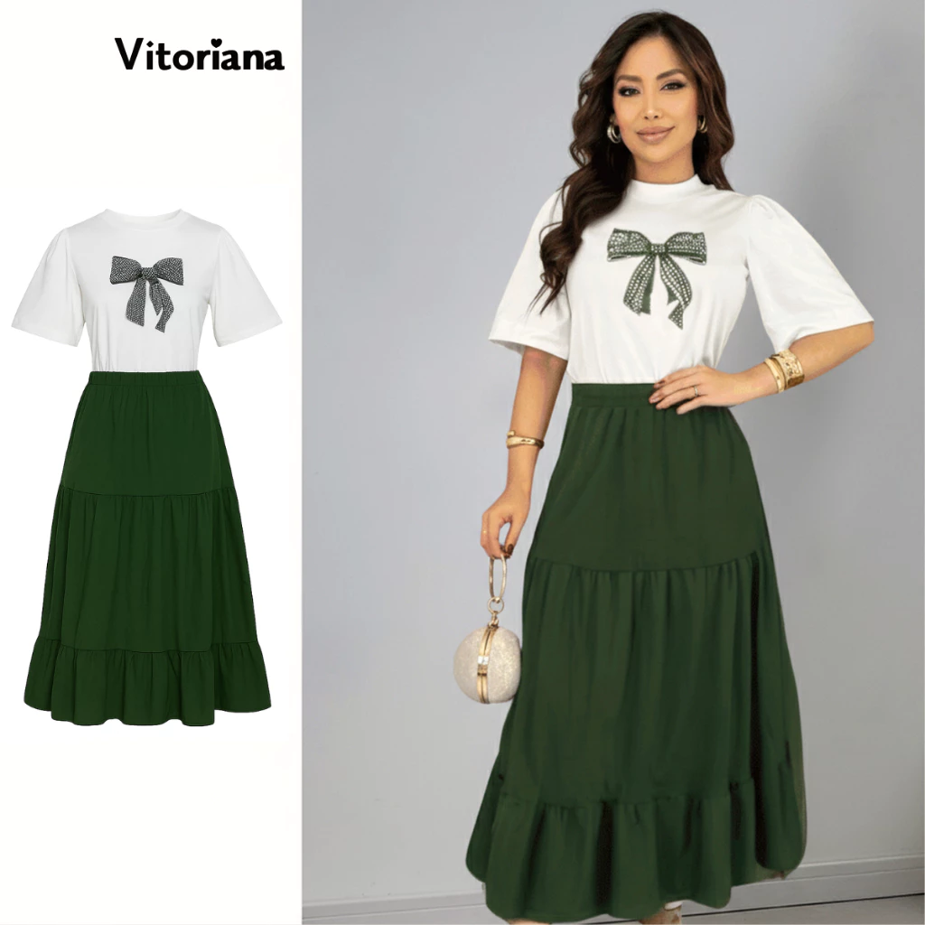 Conjunto Feminino Saia Babado + Blusa T-Shirt Estampada 100% Algodão | Moda Evangélica Cristã | Look Elegante — imagem 1