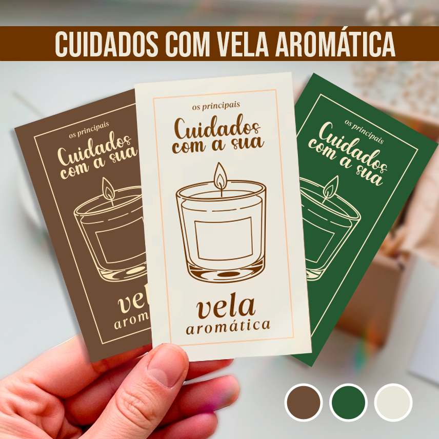 Imagem Cartão Cuidados com Vela Aromática | Tag para Vela Artesanal | Cuidados com vela aromática