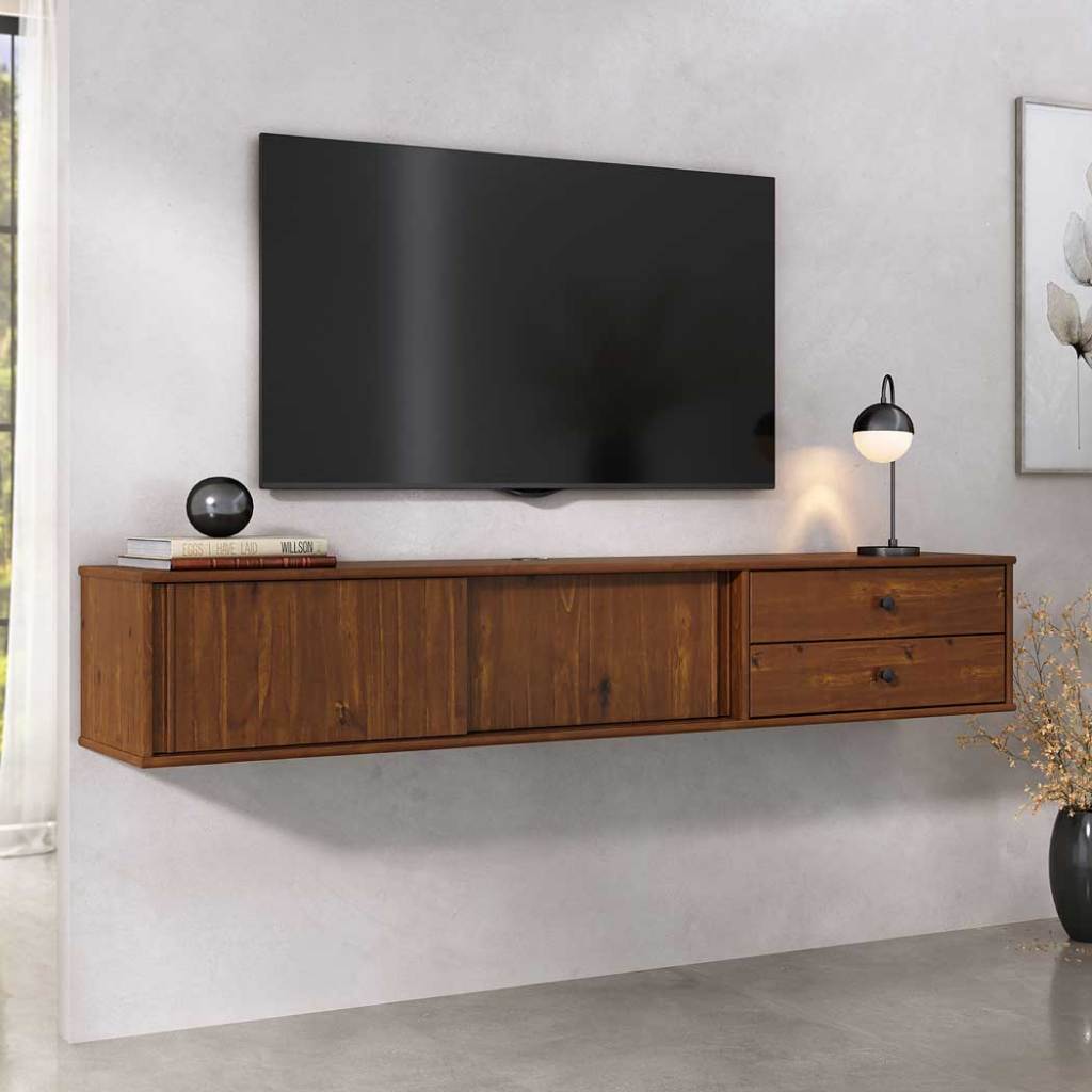 Rack Flutuante 175 cm TV 75 Madeira 2 Portas 2 Gavetas  Castanho Simona em Oferta na Shopee