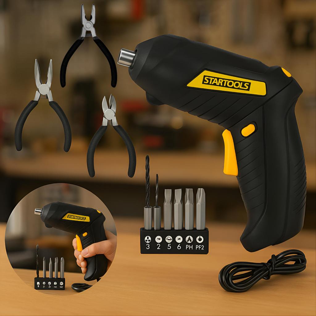 Parafusadeira Recarregável Mini Furadeira Bivolt Com 3 Alicates Conjunto Ferramentas Portátil