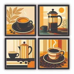 Kit 4 Quadros Decorativos Café Xícara Cozinha Cantina Copa 18x18