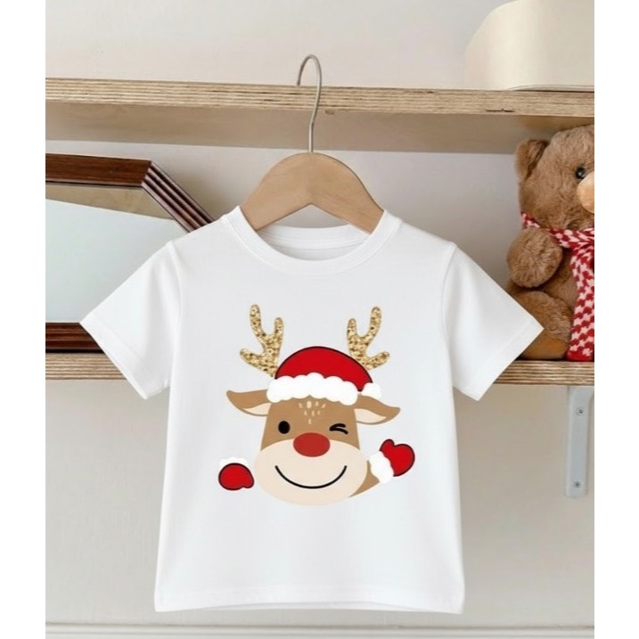 Camiseta Camisa Infantil Menino e Menina Vermelha Natalina 100% algodão  T-shirt 30.1 Rena