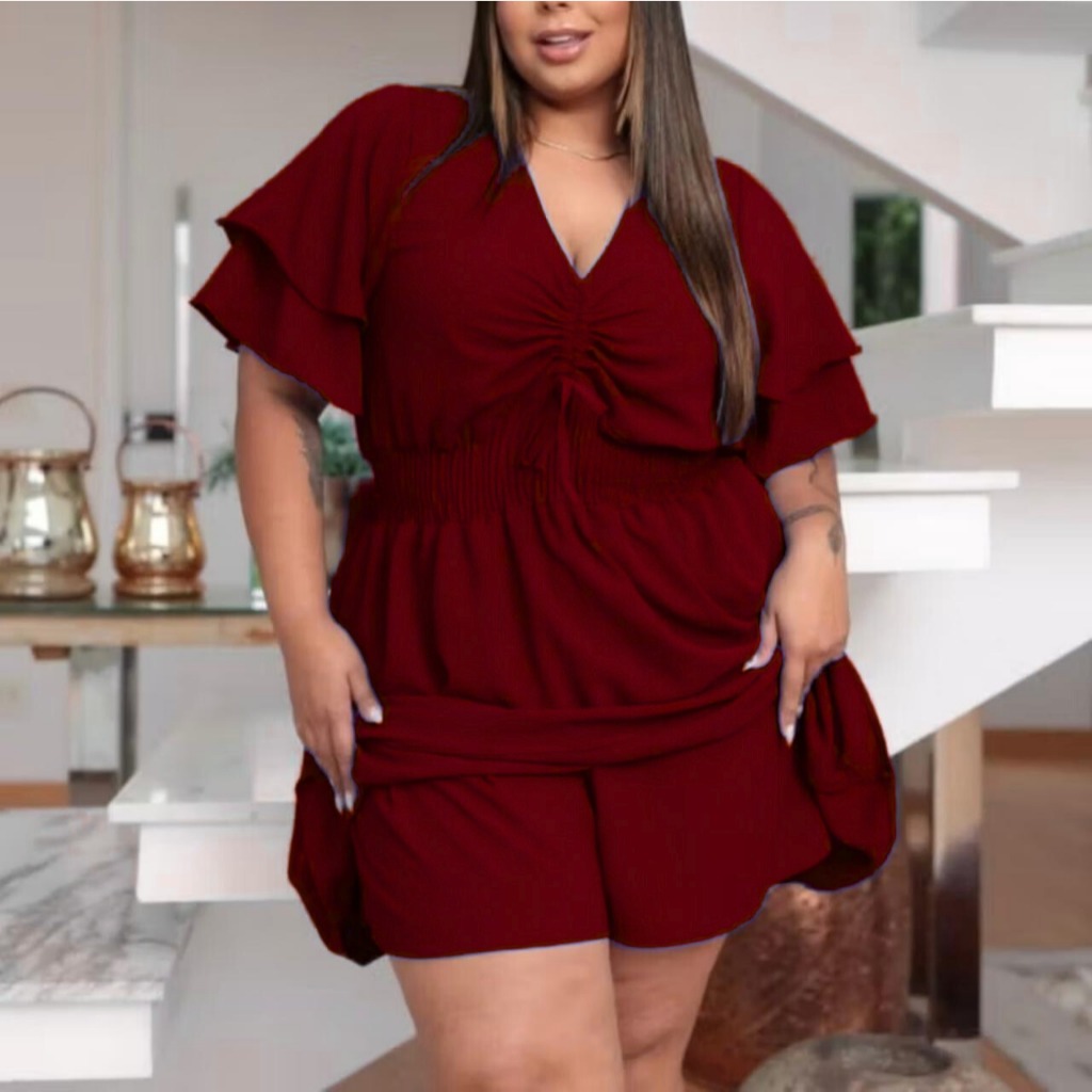 Macaquinho Plus Confortável Elegante Com Babados Cintura Alta Curto Festas Madrinha Verão Evangelico em Oferta na Shopee