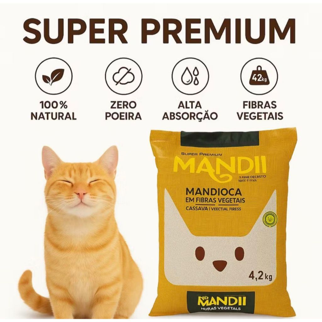 Areia para Gato Mandii 4,2kg 🌿 Super Premium Mandioca Natural Biodegradável Alta Absorção Controle Odores em Oferta na Shopee