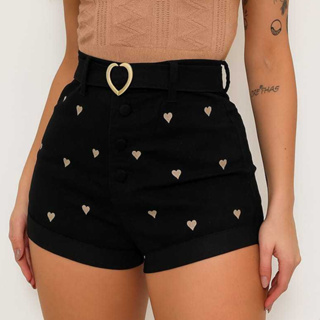 SHORT JEANS LYCRA PREMIUM CINTURA ALTA BOTÃO ENCAPADO BORDADO HOT PANT LUXO CONFORTO TENDENCIA 2026 em Oferta na Shopee