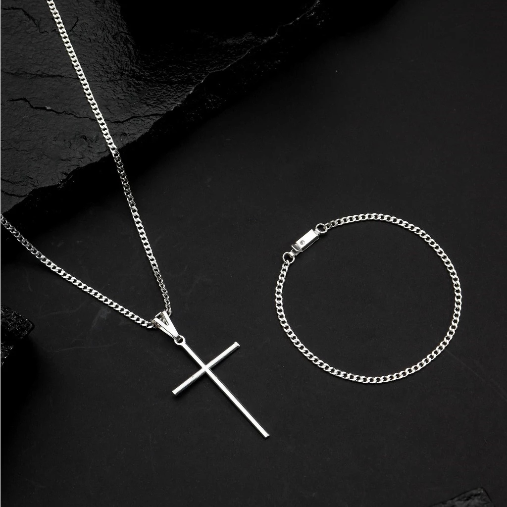 Kit Corrente Cordão Masculino + Pulseira e Pingente Crucifixo