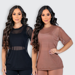 Kit 2 Blusa Feminina Transparente de Tule Manga Curta Camiseta Academia Treino em Oferta na Shopee