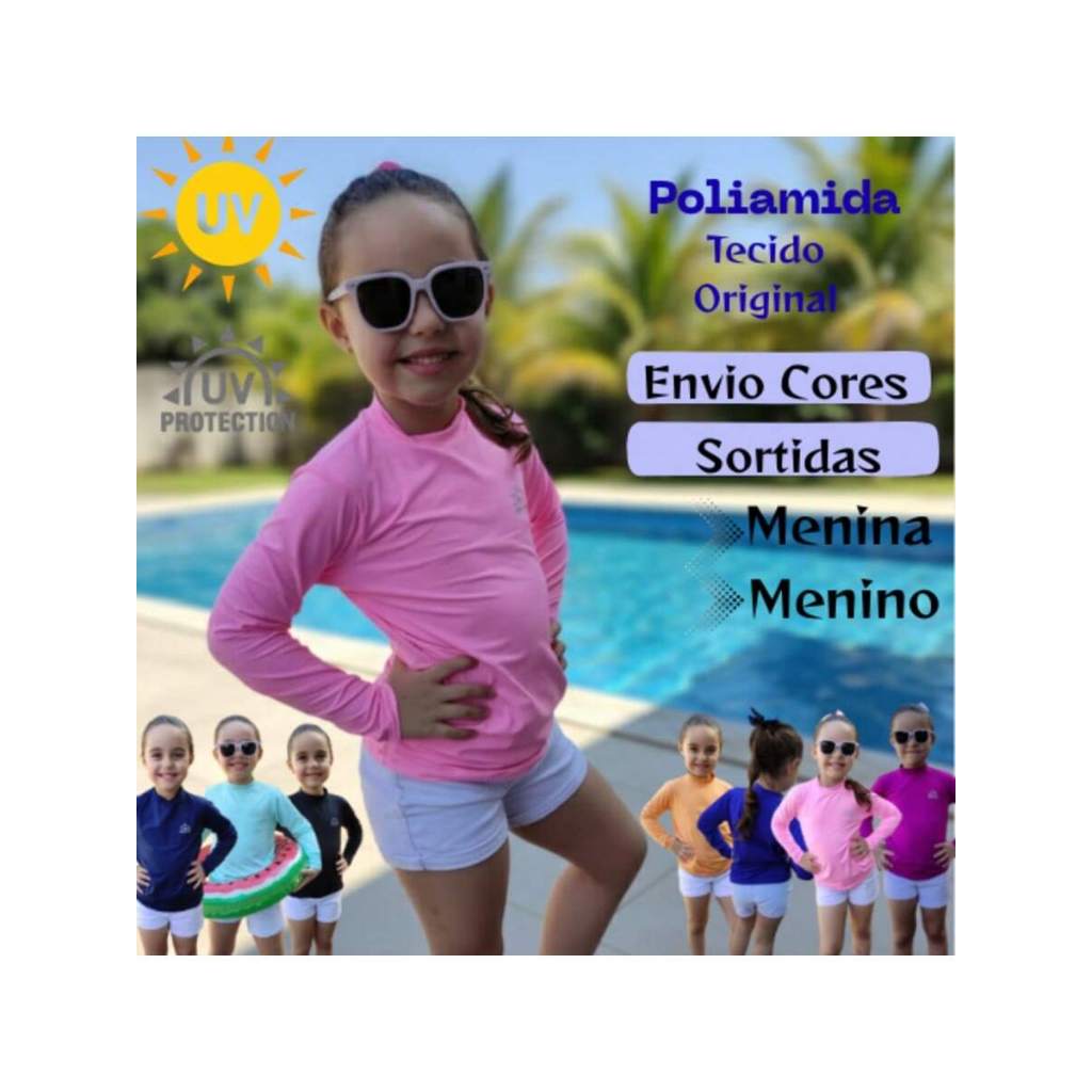 Camisa UV Unissex Infantil Juvenil Proteção Solar Manga Longa Térmica Poliamida 4 a 10 anos